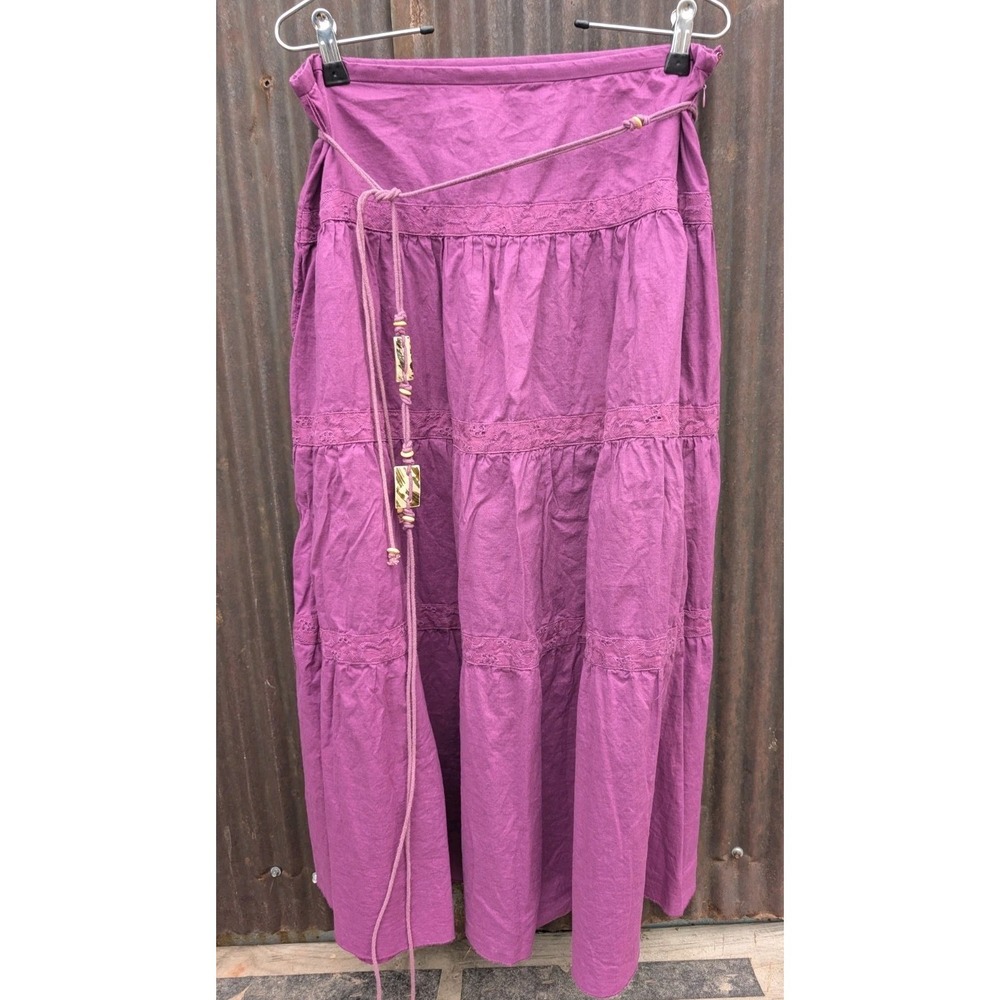 Purple Tiered Prairie Maxi Skirt Size 10 Belt Cottage Boho Peasant Cowgirl